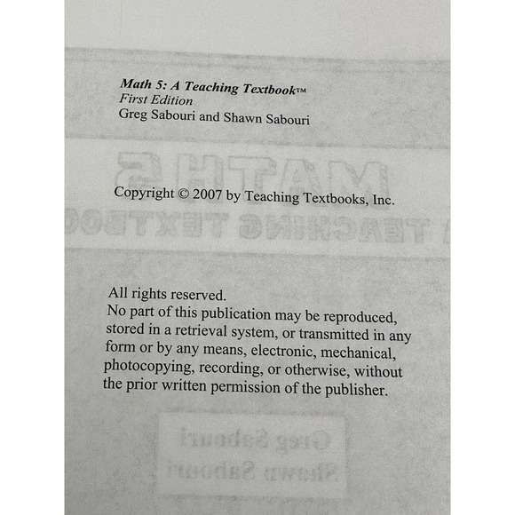 Math 5 A Teaching Textbook Student Workbook 2007 1st Edition Sabouri Homeschool - Picture 3 of 3